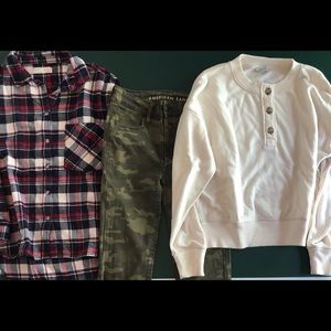2 long sleeve women’s tops and camo jeans